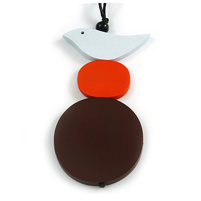 Brown/ Orange/ White Wood Bird and Bead Pendant with Black Cotton Cord - Adjustable - 84cm Long/ 11cm Pendant