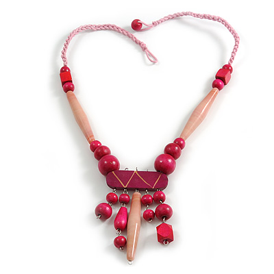 Tribal Wood/ Ceramic Bead Cotton Cord Necklace in Deep Pink/ Pastel Pink - 60cm Long/ 10cm Long Front Drop