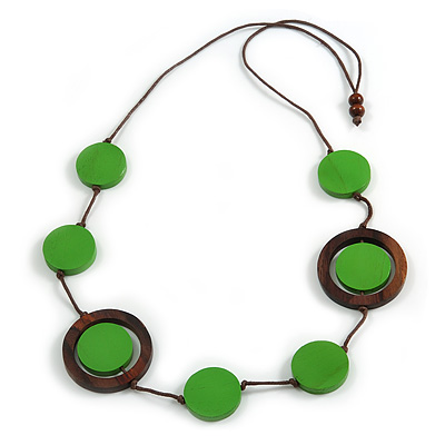 Long Green/ Brown Round Bead Cotton Cord Necklace - 86cm Long - Adjustable