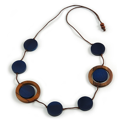 Long Dark Blue/ Brown Round Bead Cotton Cord Necklace - 86cm Long - Adjustable - main view