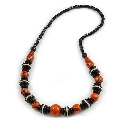 Black/ Orange Wood Bead Necklace - 66cm Long