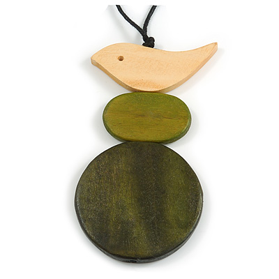 Natural/ Olive/ Dark Green Wood Bird and Bead Pendant with Black Cotton Cord - Adjustable - 80cm Long/ 11cm Pendant - main view