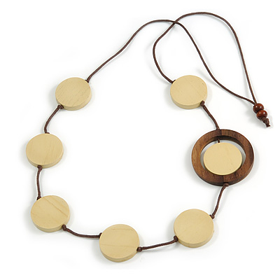 Cream/ Brown Coin Wood Bead Cotton Cord Necklace - 80cm Long - Adjustable - main view