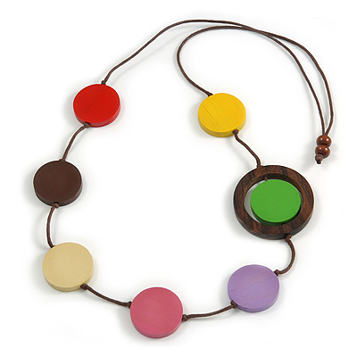 Multicoloured Coin Wood Bead Cotton Cord Necklace - 80cm Long - Adjustable