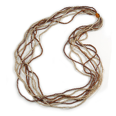 Long Multistrand Glass Bead Necklace In Shades of Beige/ Brown - 86cm L