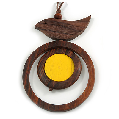 Brown/ Yellow Bird and Circle Wooden Pendant Cotton Cord Long Necklace - 84cm L/ 10cm Pendant - main view