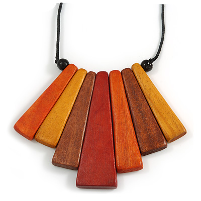 Red/ Brown/ Yellow/ Orange Geometric Wood Pendant with Black Waxed Cotton Cord - 90cm Long/ 8cm Pendant