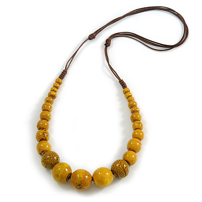 Dusty Yellow Ceramic Bead Brown Silk Cords Necklace - Adjustable - 60cm to 70cm Long
