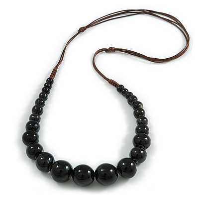 Black Ceramic Bead Brown Silk Cords Necklace 60-70cm L/ Adjustable