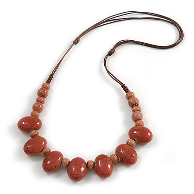 Dusty Pink Oval/ Round Ceramic Bead Brown Silk Cords Necklace - Adjustable - 60cm to 70cm Long