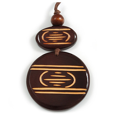 Long Cotton Cord Wooden Pendant with Geometric Pattern In Dark Brown - 76cm L