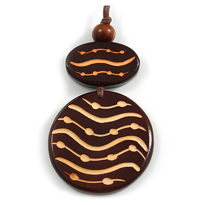 Long Cotton Cord Wooden Pendant with Lines and Dots Pattern In Dark Brown - 76cm L