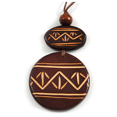 Long Cotton Cord Wooden Pendant with Arrow Pattern In Dark Brown - 76cm L