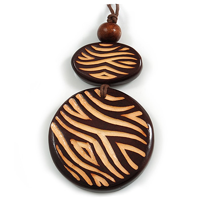 Long Cotton Cord Wooden Pendant with Curvy Lines Pattern In Dark Brown - 76cm L
