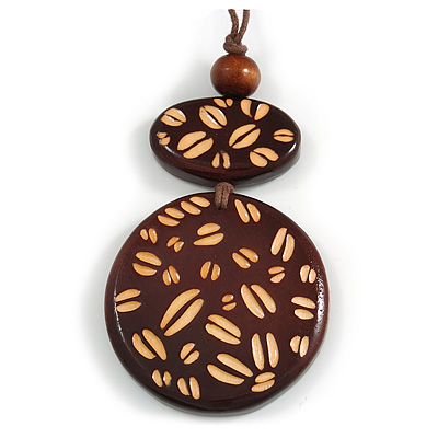Long Cotton Cord Wooden Pendant with Coffee Beans Motif In Dark Brown - 76cm L