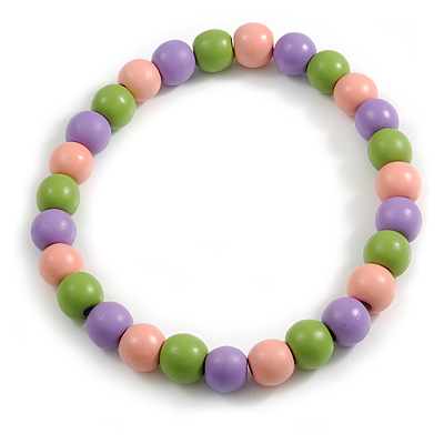 Chunky Pink/Lilac/Lime Green Round Bead Wood Flex Necklace - 48cm Long