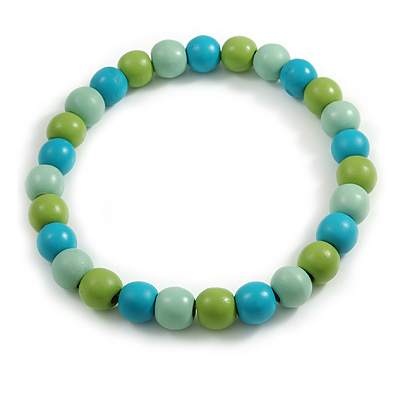 Chunky Mint/ Turquoise/ Lime Green Round Bead Wood Flex Necklace - 48cm Long