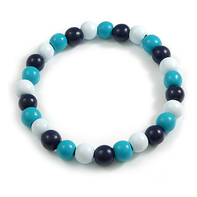 Chunky White/ Turquoise/ Dark Blue Round Bead Wood Flex Necklace - 48cm Long