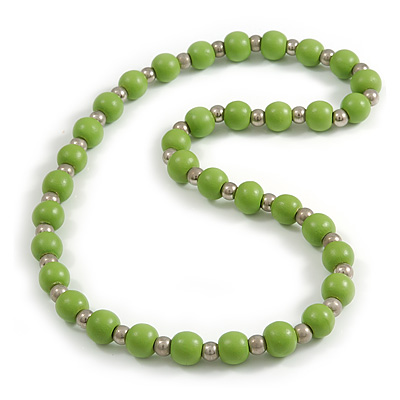 Lime Green Painted Wood and Silver Tone Acrylic Bead Long Necklace - 70cm L