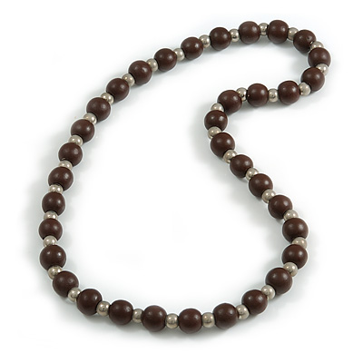 Brown Painted Wood and Silver Tone Acrylic Bead Long Necklace - 70cm L