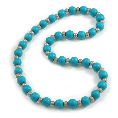Turquoise Painted Wood and Silver Tone Acrylic Bead Long Necklace - 70cm L