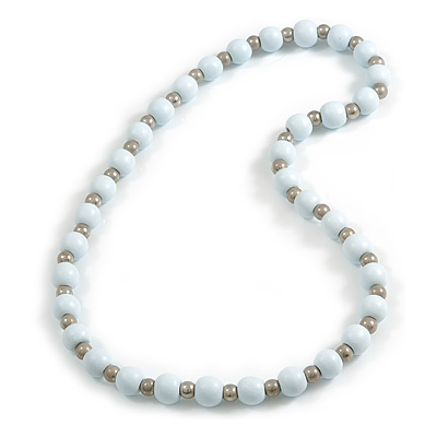 White Painted Wood and Silver Tone Acrylic Bead Long Necklace - 70cm L