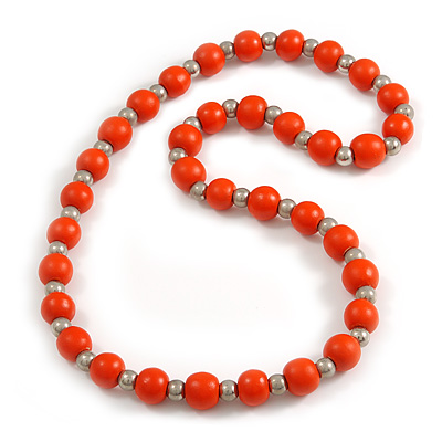 Orange Painted Wood and Silver Tone Acrylic Bead Long Necklace - 70cm L