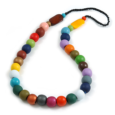 Long Multicoloured Painted Wooden Bead Cord Long Necklace - 80cm L - main view