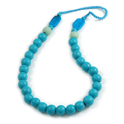 Long Turquoise/ Mint Painted Wooden Bead Cord Long Necklace - 80cm L