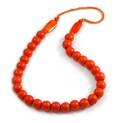 Long Orange Painted Wooden Bead Cord Long Necklace - 80cm L