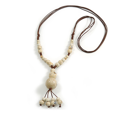 Antique White Ceramic Bead Tassel Necklace with Brown Silk Cord/ 70-80cmL/ Adjustable