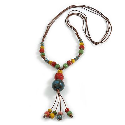 Multicoloured Ceramic Bead Tassel Necklace with Brown Silk Cord/ 70-80cmL/ Adjustable