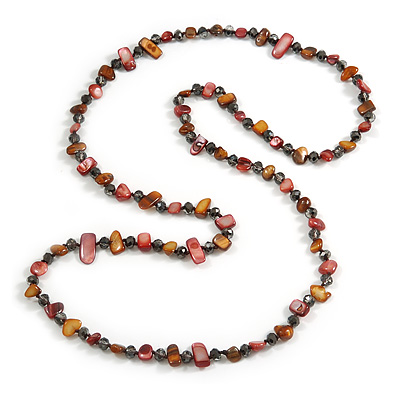 Long Brown/ Plum Shell Nugget and Grey Glass Crystal Bead Necklace - 114cm Long