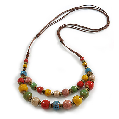 Multicoloured Ceramic Layered Brown Silk Cord Necklace - 60-70cm L/ Adjustable