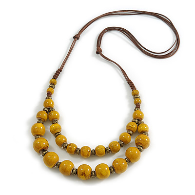 Dusty Yellow Ceramic Layered Brown Silk Cord Necklace - 60-70cm L/ Adjustable