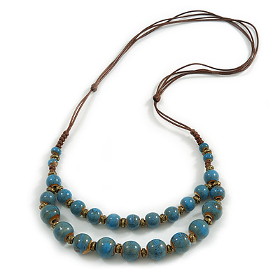 Dusty Blue Ceramic Layered Brown Silk Cord Necklace - 60-70cm L/ Adjustable