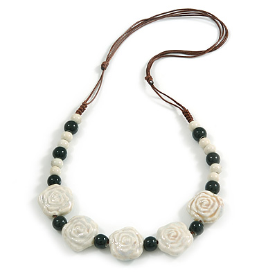 Romantic Rose and Ceramic Bead Silk Cord Necklace/ Black/ Off White/ 60-70cm L/ Adjustable