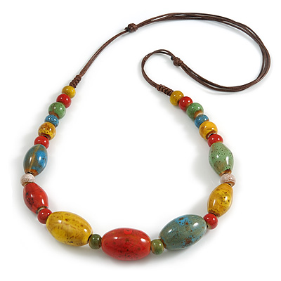 Multicoloured Round/ Oval Ceramic Bead Brown Silk Cords Necklace 60-70cm L/ Adjustable