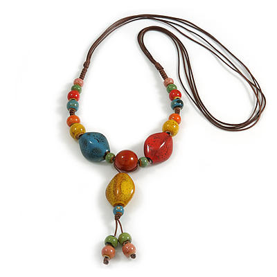 Multicoloured Oval/ Round Ceramic Bead Tassel Necklace with Brown Silk Cord/ 70-80cmL/ Adjustable