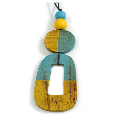 O-Shape Yellow/ Teal Washed Wood Pendant with Black Cotton Cord - 88cm L/ 13cm Pendant