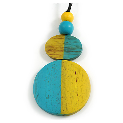 Double Bead Yellow/ Turquoise Washed Wood Pendant with Black Cotton Cord - 80cm Max/ 12cm Pendant - main view