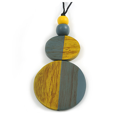 Double Bead Antique Yellow/ Grey Washed Wood Pendant with Black Cotton Cord - 80cm Max/ 12cm Pendant - main view