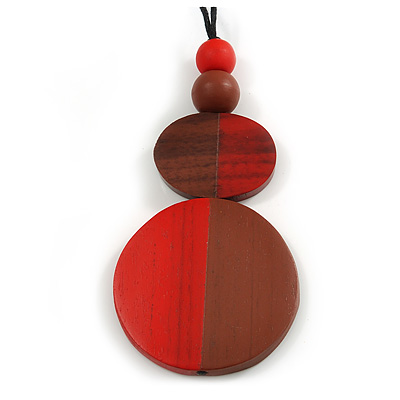 Double Bead Red/ Brown Washed Wood Pendant with Black Cotton Cord - 80cm Max/ 12cm Pendant - main view