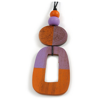 O-Shape Orange/ Lilac Purple Washed Wood Pendant with Black Cotton Cord - 88cm L/ 13cm Pendant - main view