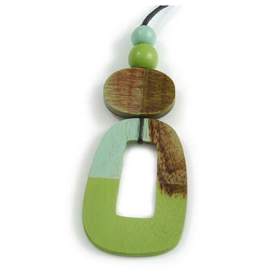 O-Shape Mint/ Lime Green Washed Wood Pendant with Black Cotton Cord - 88cm L/ 13cm Pendant