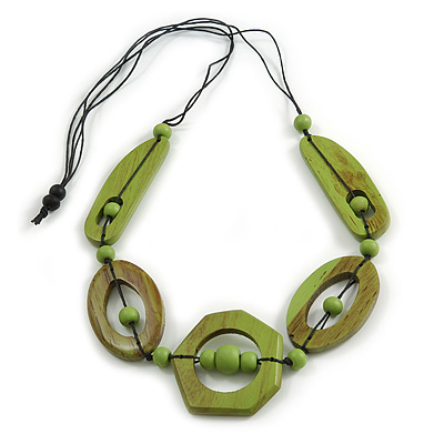 Long Geometric Lime Green Painted Wood Bead Black Cord Necklace - 90cm Max/ Adjustable - main view
