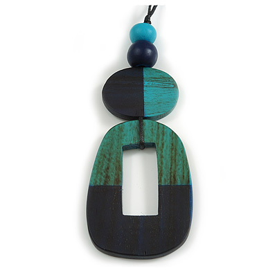 O-Shape Blue/ Turquoise Painted Wood Pendant with Black Cotton Cord - 88cm L/ 13cm Pendant
