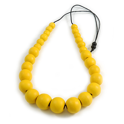 Chunky Yellow Graduated Wood Bead Black Cord Necklace - 84cm Max/ Adjustable