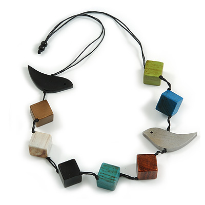 Multicoloured Wood Cube Bead and Bird Black Cotton Cord Necklace - 80cm Max/ Adjustable