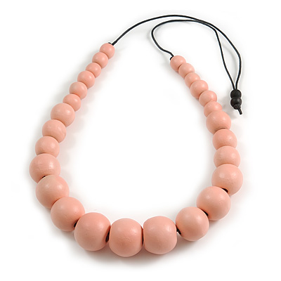 Chunky Pastel Pink Graduated Wood Bead Black Cord Necklace - 84cm Max/ Adjustable